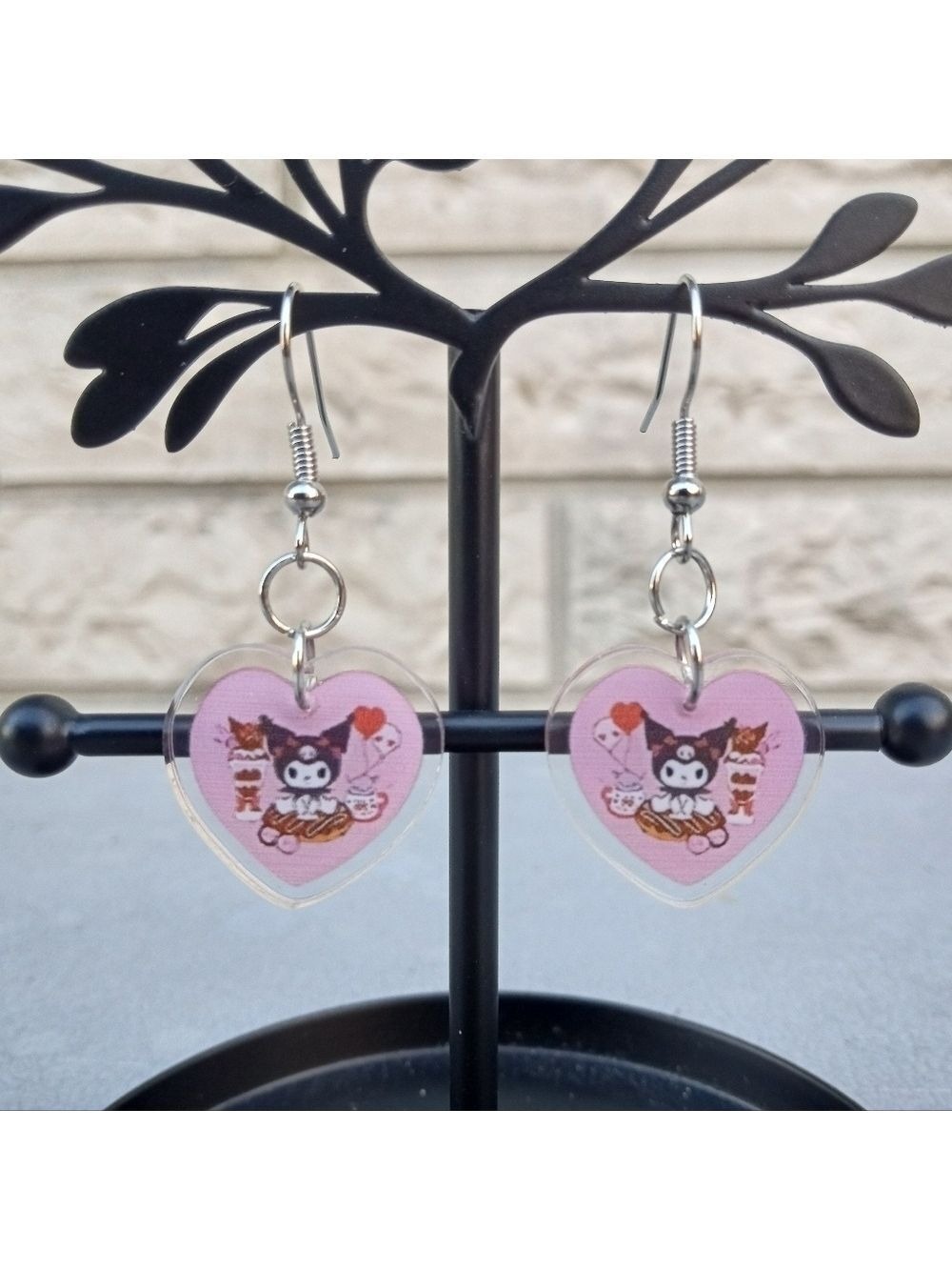 2/$10 Kuromi Sanrio Heart Design Tea Party Dangle Earrings NWT, Handmade